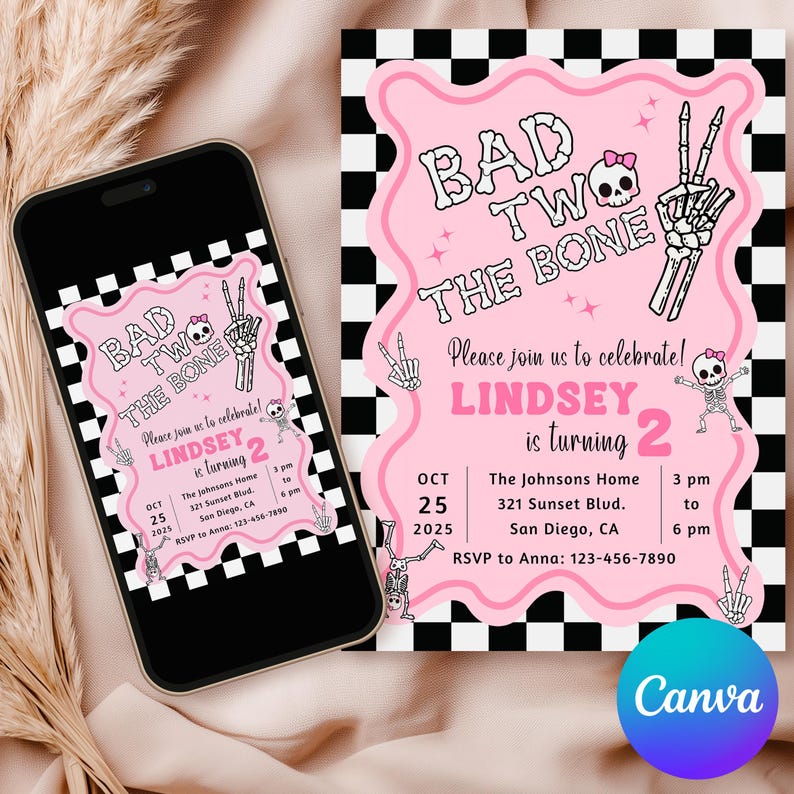 Bad Two the Bone Birthday Invitation | Editable Digital Invite | Two ...