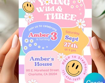 Young Wild and Three Birthday Invitation, Canva Editable Printable Digital Download