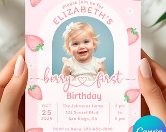 Berry First Birthday Invitation: Strawberry Theme with Photo, Canva Editable Printable  Digital Download
