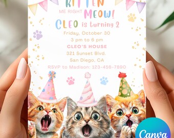 Uitnodiging voor verjaardagsfeestje kat, canvas bewerkbare afdrukbare digitale download