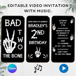 May include: Three black smartphones displaying a birthday invitation. The first phone reads "BAD TWO THE BONE" with a skeleton hand. The second phone says "BRADLEY'S 2ND BIRTHDAY". The third phone has event details.