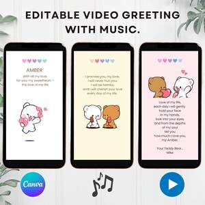 以下が含まれることがあります： 3台のスマートフォンにロマンチックなビデオグリーティングが表示されています。各携帯電話には、漫画のクマと愛情のこもったメッセージが異なるデザインで表示されています。各画面の上部にはハートの列があります。「EDITABLE VIDEO GREETING WITH MUSIC」というテキストが上部にあります。