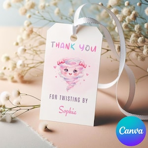 May include: A white gift tag with a ribbon, featuring a cartoon tornado illustration. The tag reads "THANK YOU" in pink and purple, with "FOR TWISTING BY" and a name in pink. The background includes white flowers and a peach-colored surface.