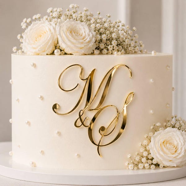 Wedding Monogram Cake Charm Topper with Holder, Custom Initial Cake Charm, Gold Acrylic Side Cake Decorating