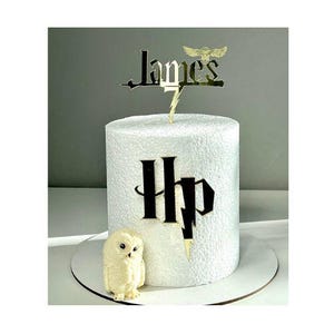 Wizard Theme Birthday Cake Topper Custom Gold Acrylic Name Gold Black HP Wizard Cake Charm front of cake sign Topper