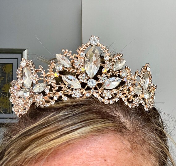 Vintage Rose Gold Rhinestone Bridal Tiara Crown, Quinceañera & Pageant Headpiece Zirconia Rose Gold Tiara, Crystal Wedding Crown, Prom  main image 4