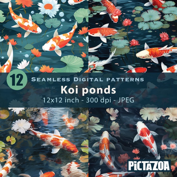 Koi Pond Seamless Digital Patterns, 12 assorted realistic & stylized designs featuring Japanese Ornamental Carp, 12 x 12 inch, 300dpi, JPEG