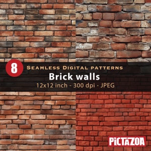 Brick Walls Seamless Digital Patterns, 8 assorted hyper-realistic designs, various colors and styles, Instant Download, 12x12", 300dpi, JPEG