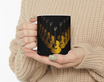 Taza de café con diseño de guitarra acústica acorazada estilo Lefty Martin, Serie Splendor of Repetition, Obra de arte hecha por humanos, Diseño #002, 11 oz