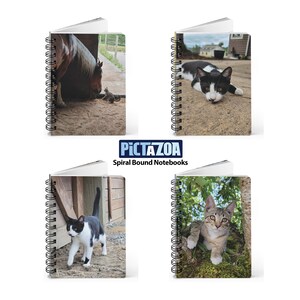 May include: Four spiral bound notebooks with different animal photos on the covers. The covers feature a brown horse, a black and white cat, a black and white cat, and a tabby cat.