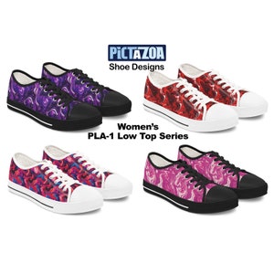 Women&#39;s Low Top Sneakers - Liquid Abstract Designs - 8 Style Options - Purple, Red, Pink, Multicolored Floral - Pictazoa Shoe Designs