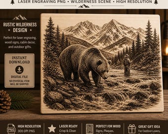 Orso vicino a un ruscello dell'Alaska PNG per incisione laser / Scena di pesca nella natura selvaggia / Decorazione rustica per baita - Download digitale / PNG ad alta risoluzione
