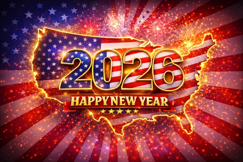 May include: A festive graphic with the outline of the United States filled with the American flag design. The year "2026" is prominently displayed, along with the text "HAPPY NEW YEAR" on a red banner, all set against a backdrop of fireworks.