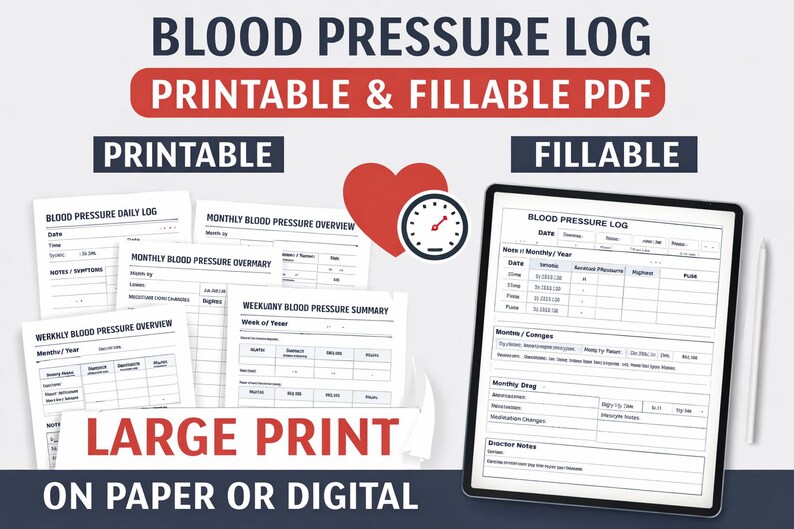Blood Pressure Log Printable & Fillable PDF | Large Print BP Monitoring ...