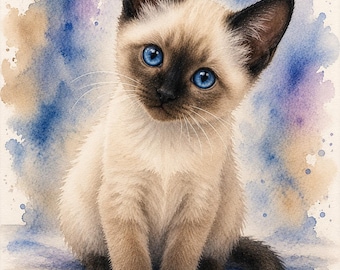 Pacchetto di illustrazioni ad acquerello di gattini / Gatti siamesi, soffici e addormentati (download digitale)