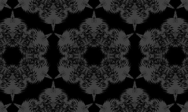 Peut inclure: Un motif sans couture avec un motif r&eacute;p&eacute;titif de formes grises et plumeuses sur un fond noir. Le motif cr&eacute;e un design circulaire sym&eacute;trique.