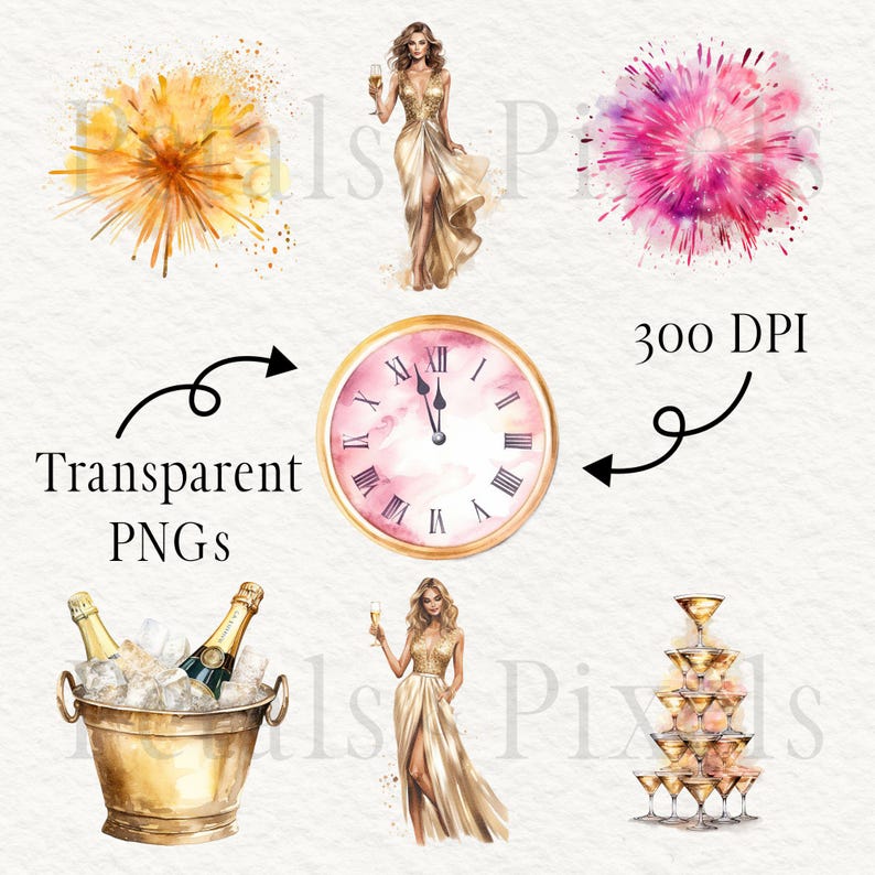 Watercolor New Year's Eve Clipart Set (PNG, 300 DPI, Commercial Use) - Etsy