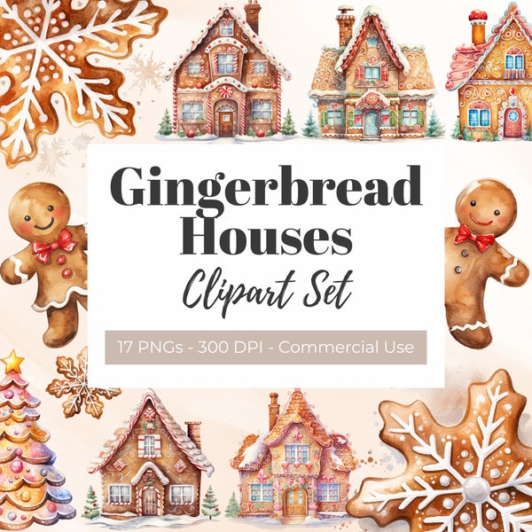 Gingerbread Houses Clipart, Watercolor Clipart, Winter Clip Art, Gingerbread Man, Gingerbread Woman, Gingerbread Person, Holiday House PNG