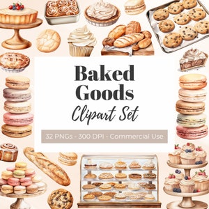 Clipart di prodotti da forno, Clipart di acquerelli, Dolciumi, Pasticceria, Clipart di dessert, Biscotti, Cupcake, Vetrina, Macaron, Pane artigianale