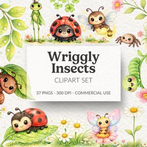 Op de afbeelding: Een aquarel clipartset met diverse insecten, waaronder een lieveheersbeestje, een bij en een spin, met de tekst "Wriggly Insects CLIPART SET". De set bevat 37 PNG's voor commercieel gebruik, met een resolutie van 300 DPI.