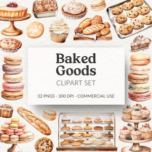 Baked Goods Clipart, Watercolor Clipart, Sweet Treats, Pastry Shop, Dessert Clipart, Cookie, Cupcake, Display Case, Macaron, Artisan Bread