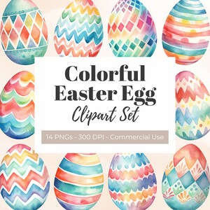 Clipart di uova di Pasqua colorate, Clipart di acquerelli, Clipart di primavera, Biglietto di Pasqua, Invito, Uovo di Pasqua decorativo, Grafica carina di uova di Pasqua