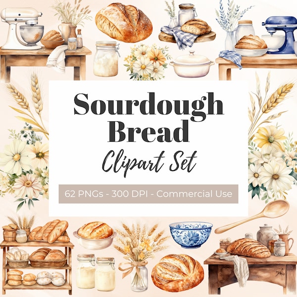 Sauerteigbrot Clipart, Aquarell Clipart, Brotbacken, Vorspeise, Bäcker Clipart, Sauerteiglaib, Standmixer, Cottagecore, Bäckerei Logo PNG