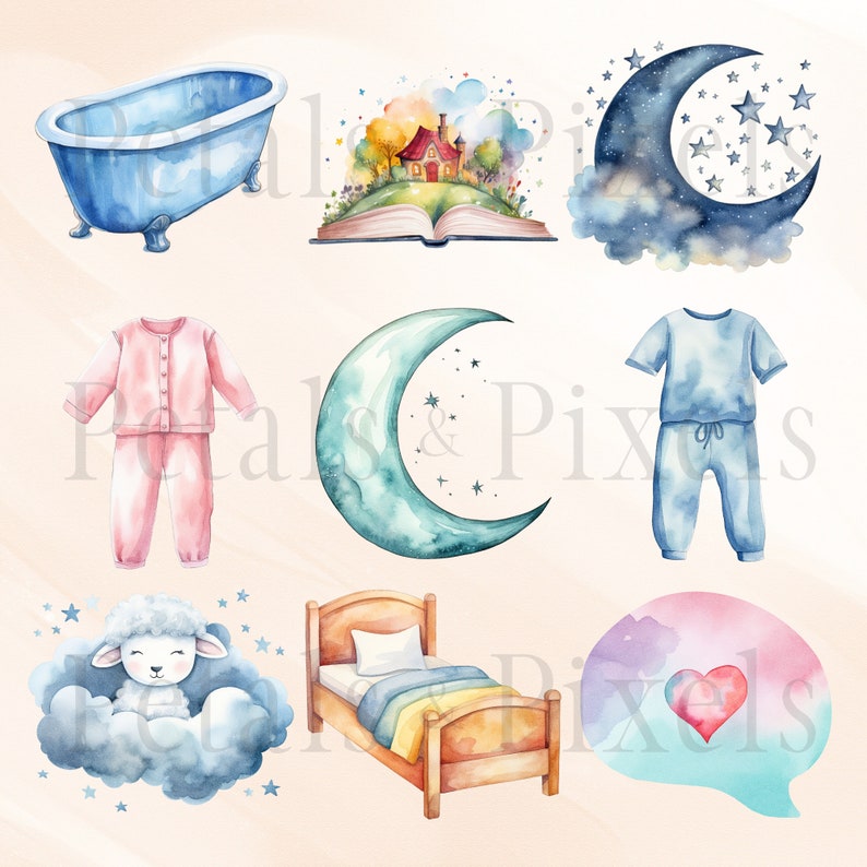 kids routine activities clipart set, bathtub, sheep, pajamas, story book, bed, speech bubble with heart