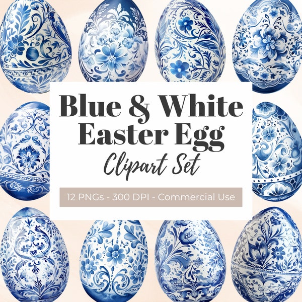 Blue and White Easter Egg Clipart, Watercolor Clipart, Spring Clipart, Easter Card, Invitation, Decorative Easter Egg, Porcelain Egg PNG