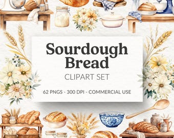 Watercolor Sourdough Bread Clipart Set, Cottagecore Bakery PNG (Digital Download)