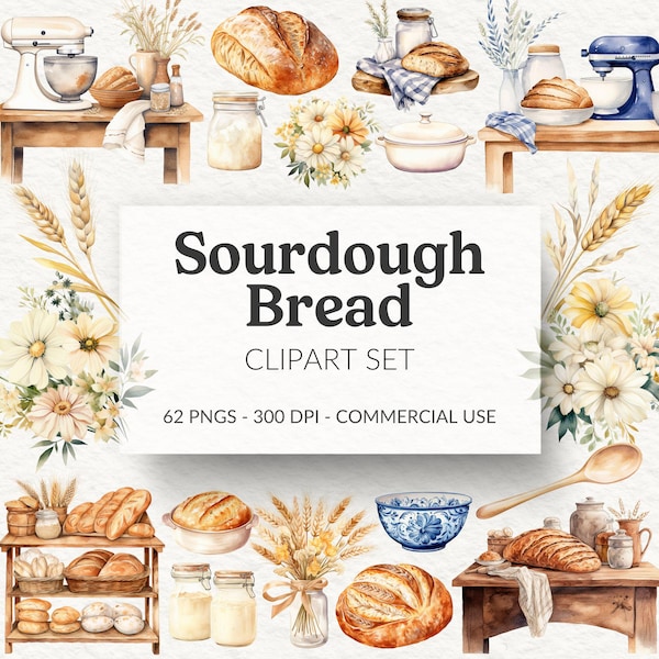 Watercolor Sourdough Bread Clipart Set, Cottagecore Bakery PNG (Digital Download)
