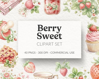 Berry Sweet Strawberry Clipart Set: Watercolor Cottagecore, Tea Party, Birthday, Baby Shower (Digital Download)