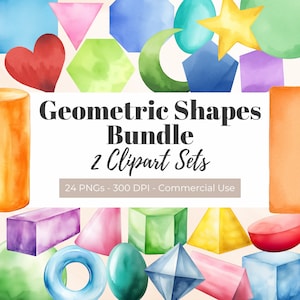 Bundle de cliparts de formes géométriques, aquarelle, formes 3D pour enfants, éléments de design, cliparts de cartes mémoire, décoration de salle de classe, formes 2D, éducation