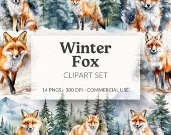 Aquarelle hiver renard clipart, animaux de la forêt PNG (téléchargement numérique)