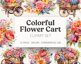 Clipart di un carretto di fiori ad acquerello, grafica floreale in formato PNG (download digitale, uso commerciale)