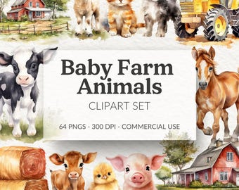 Watercolor Baby Farm Animals Clipart Set (Digital Download, 300 DPI PNGs, Commercial Use License)