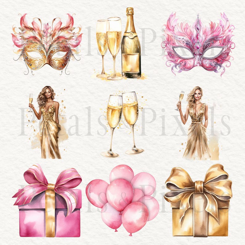 Watercolor New Year's Eve Clipart Set (PNG, 300 DPI, Commercial Use) - Etsy