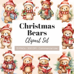 クリスマス ベアのクリップアート、水彩グラフィック、デジタル ダウンロード、商用利用、サンタの帽子とスカーフ、かわいいホリデー テディベア PNG