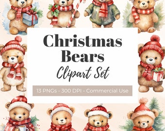 Christmas Bears Clipart, Watercolor Graphics, Digital Download, Commercial Use, Santa Hat and Scarf, Cute Holiday Teddy Bears PNG