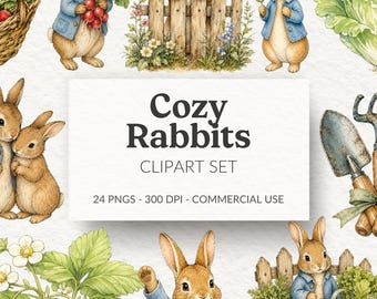 Cozy Rabbits Clipart Set Watercolor Cottagecore Garden Bunny Graphics PNG Sublimation Easter Spring Storybook Nursery Decor PNG Commercial