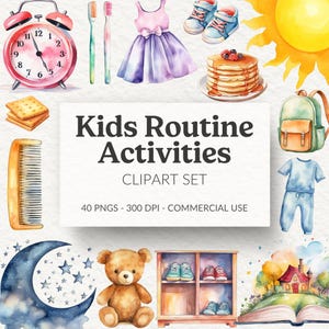 Imágenes prediseñadas de rutinas infantiles, gráficos visuales de horarios en acuarela (descarga digital, uso comercial)