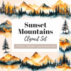 Sonnenuntergang Berge Clipart Aquarell Landschaft Grafiken Kiefer Baum Berg Digitale Hochzeitseinladung Babyparty PNG Herbst Berg Bild
