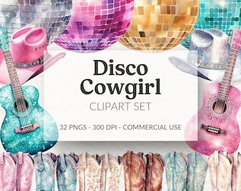 Conjunto de imágenes prediseñadas de vaquera disco en acuarela, PNG retro del oeste
