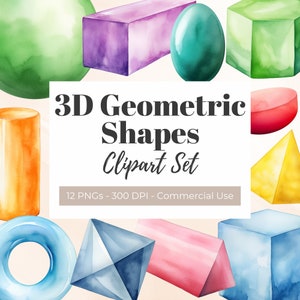 3D Geometrische Formen Clipart, Aquarell, 3D Formen für Kinder, Design-Elemente, Flashcards Clipart, Klassenzimmer Dekor, Geometrie, PNG