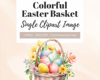 Colorful Easter Basket Clipart, Watercolor Clipart, Easter Graphics, Spring Clipart, Cute Easter Basket, Invitation, Easter Card Clipart PNG