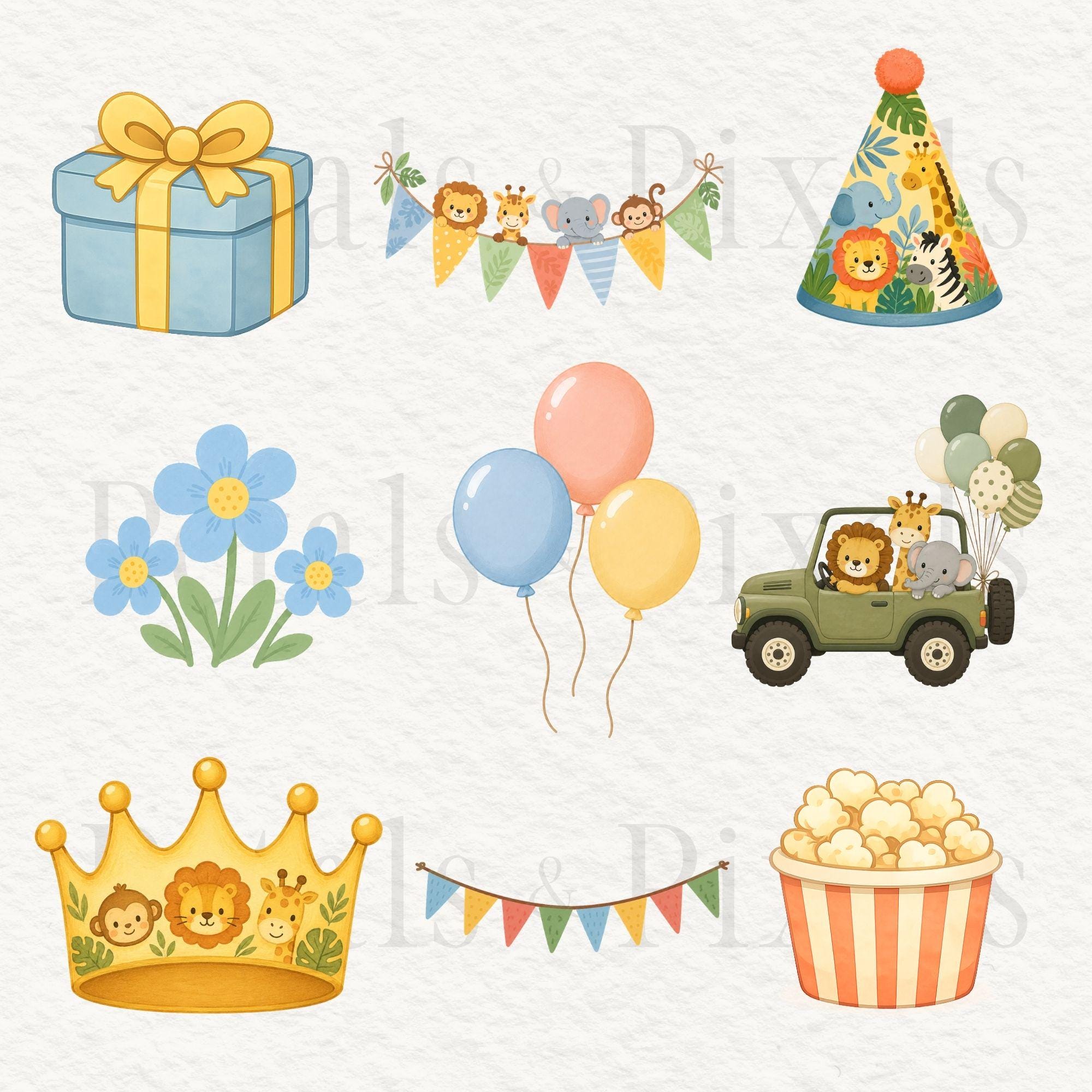 Wild Party Clipart Set Cute Jungle Safari Animals Birthday PNG ...