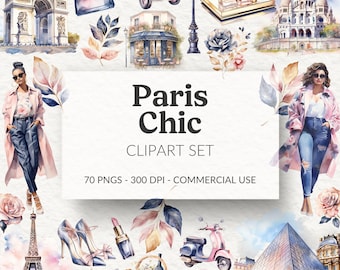 Paris Chic Clipart, Aquarell Clipart, Französisch Clipart, Französische Mädchen-Mode Grafiken, Eiffelturm, Romantische Paris Clipart, Verträumt, PNG