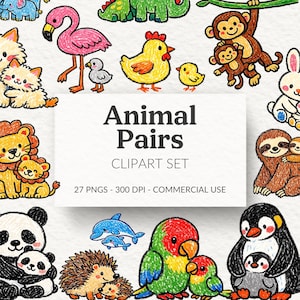 Animal Pairs Clipart Set Cute Crayon Animal Graphics Kids Mother Baby Animals PNG Sublimation Classroom Zoo Animals Party PNG Commercial