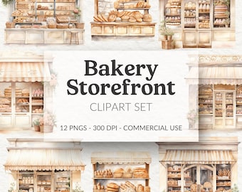 Watercolor Bakery Storefront Clipart, Shop Scenes (PNG Digital Download)