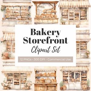 Clipart bakkerij storefront, aquarel clipart, bakkerij, broodbakkerij, banketbakkerij, etalagescène, etalage winkel, bakkerij winkel, winkel png